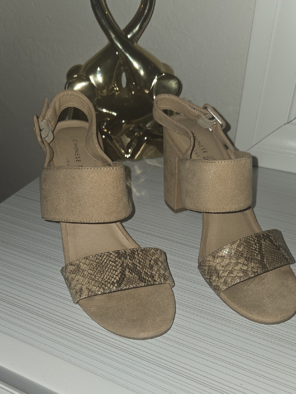 Chinese Laundry Neutral Tan Block Heel Sandals with Snake-Print Toe Strap